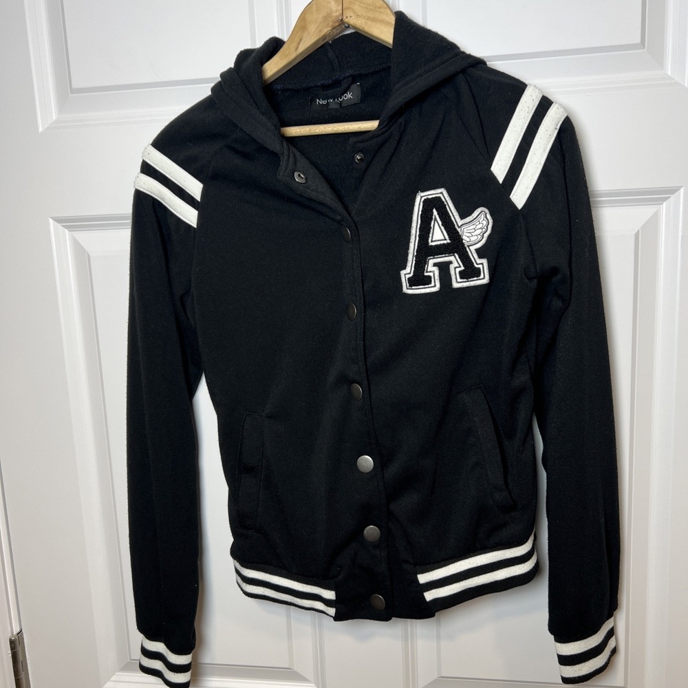 New Look Black Y2K Varsity Bomber Jacket Hoodie Preppy Streetwear Medium EUC
